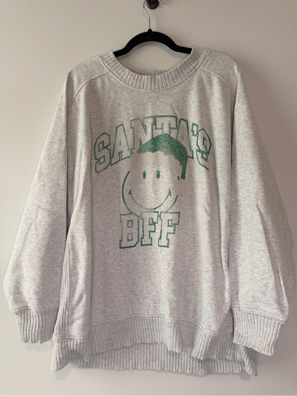 Aerie Gray Oversized Crewneck Sweatshirt with Green 'Santa's BFF' Graphic -Women